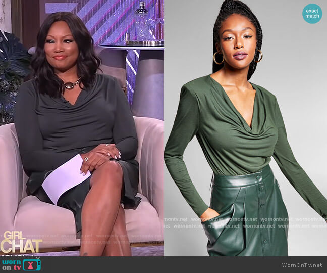 Jeannie Mai X INC Bianca Cowlneck Bodysuit by INC International Concepts worn by Garcelle Beauvais on The Real