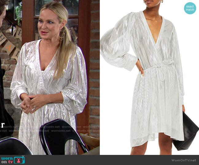 IRO Wrap-effect metallic printed georgette dress worn by Sharon Newman (Sharon Case) on The Young and the Restless