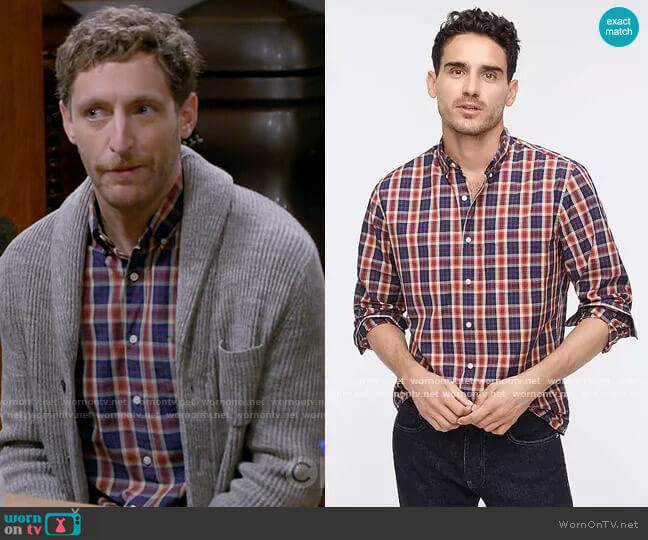 J. Crew Slim Stretch Secret Wash Cotton Poplin Shirt In Plaid worn by Drew Dunbar (Thomas Middleditch) on B Positive