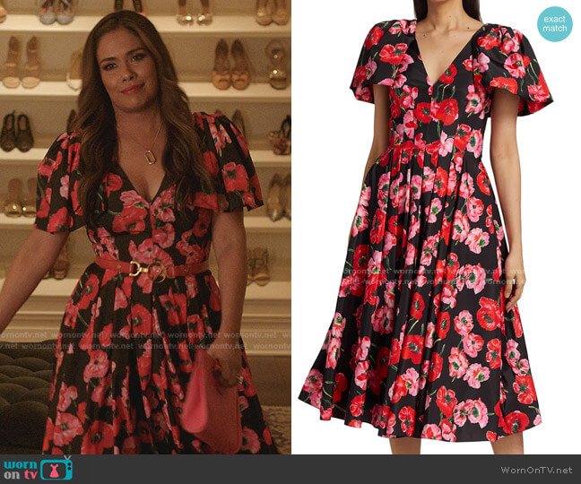 WornOnTV: Cristal’s black poppy print v-neck dress on Dynasty ...