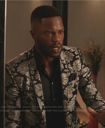 Jeff's black and silver printed blazer on Dynasty