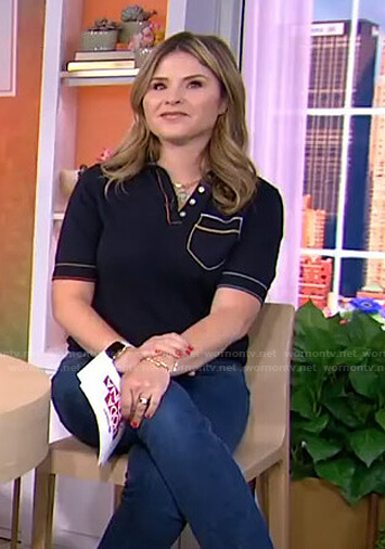 Jenna's navy polo shirt with multiclor stitching on Today