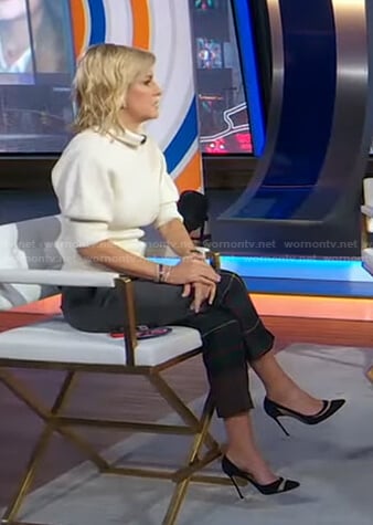 Jennifer’s white turtleneck sweater and plaid pants on Good Morning America