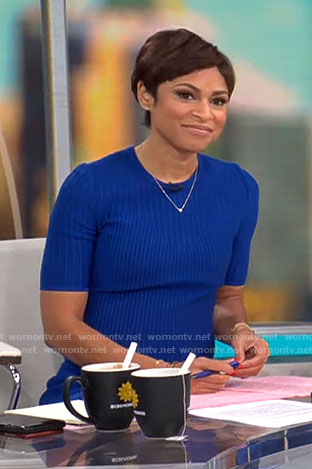 Jericka Duncan's blue ribbed knit dress on CBS Mornings