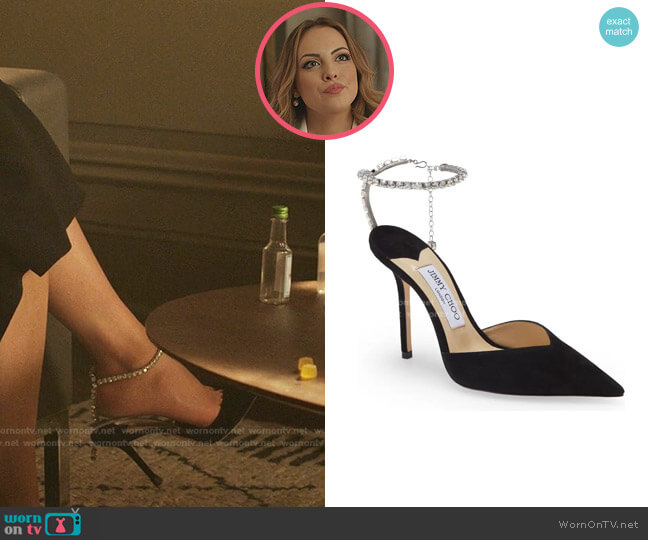 Saeda Crystal Ankle Strap Pointed Toe Pump by Jimmy Choo worn by Fallon Carrington (Elizabeth Gillies) on Dynasty