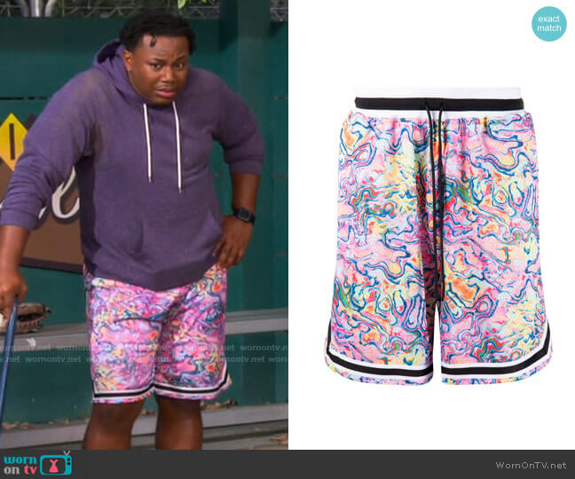 John Elliott Game Shorts in Macrodose worn by Marty (Marcel Spears) on The Neighborhood