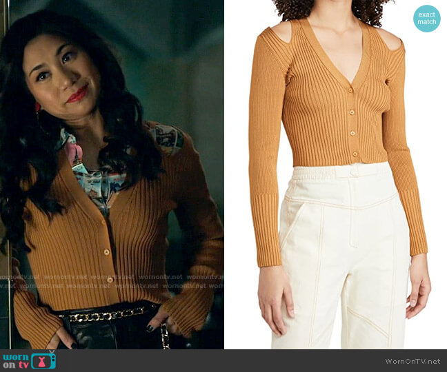 Jonathan Simkhai Jolie Cut Out Shoulder Cardigan worn by Melody Bayani (Liza Lapira) on The Equalizer