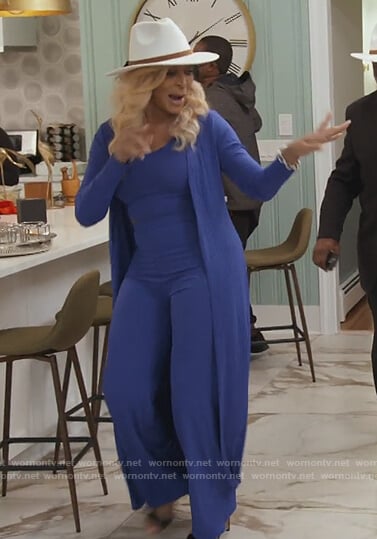 Karen’s blue ribbed top and pants on The Real Housewives of Potomac