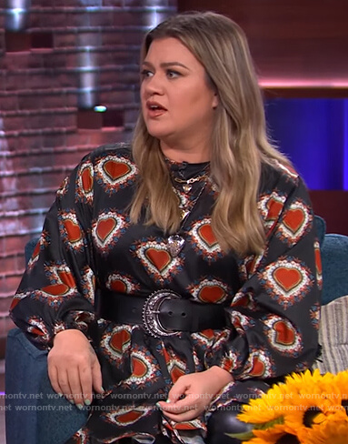 Kelly's black heart print mini dress on The Kelly Clarkson Show