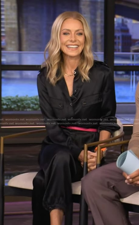 Kelly's black satin jumpsuit on Live with Kelly and Ryan