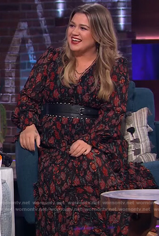 Kelly’s black floral print midi dress on The Kelly Clarkson Show