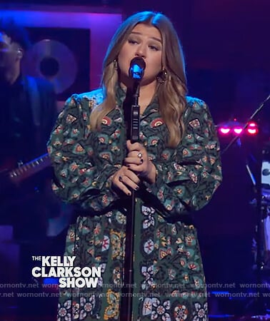 Kelly's green floral print shirt dress on The Kelly Clarkson Show