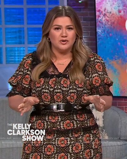 Kelly’s black floral lace inset dress on The Kelly Clarkson Show