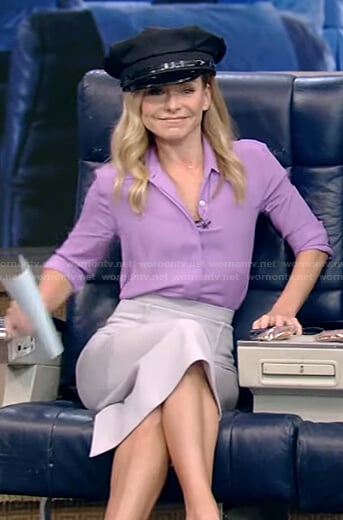 Kelly’s lilac blouse and grey pencil skirt on Live with Kelly and Ryan
