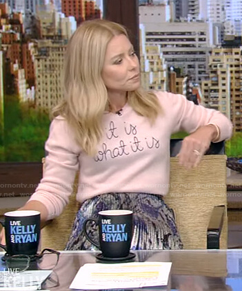 Kelly's pink It is what it is sweater and metallic skirt on Live with Kelly and Ryan