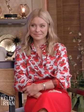 Kelly’s floral blouse and red skirt on Live with Kelly and Ryan