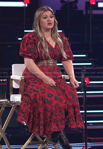 Kelly's red floral puff sleeve dress on The Voice