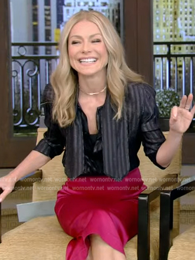 Kelly's metallic striped blouse and pink pencil skirt on Live with Kelly and Ryan