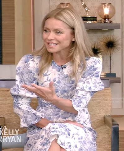 Kelly’s white and blue floral midi dress on Live with Kelly and Ryan