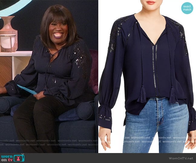 Sarah Embellished Tassel Tie Blouse by Kobi Halperin worn by Sheryl Underwood on The Talk