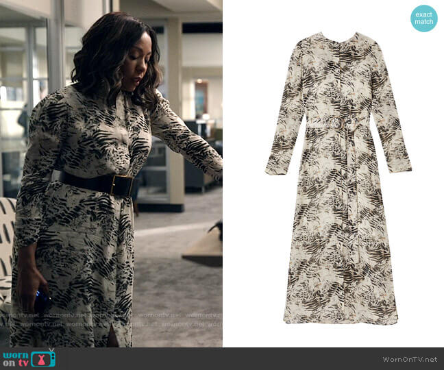 Lafayette 148 New York Neilson Graphite Print Midi Dress worn by Mia Jordan (Karen Pittman) on The Morning Show