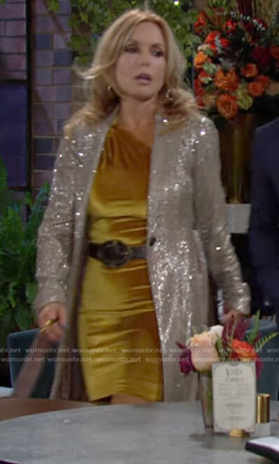 Lauren's yellow velvet dress and sequin coat on The Young and the Restless
