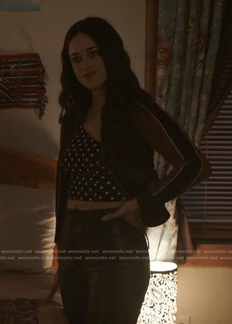 Liz’s polka dot crop top and bomber jacket on Roswell New Mexico