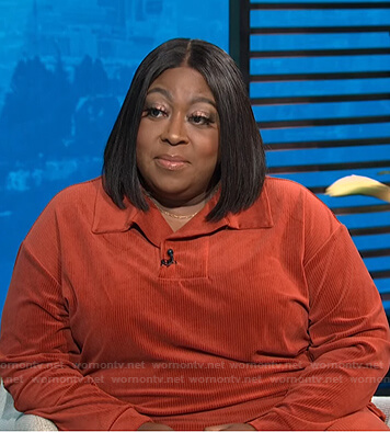 Loni’s orange corduroy top and pants on E! News Daily Pop