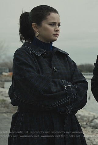 Mabel's navy check belted coat on Only Murders in the Building