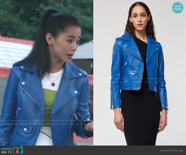 Baya Leather Crop Biker Jacket by Mackage worn by George Fan (Leah Lewis) on Nancy Drew