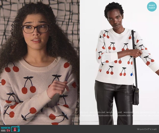 Cherry Jacquard Pullover Sweater by Madewell worn by Mary-Anne Spier (Malia Baker) on The Baby-Sitters Club