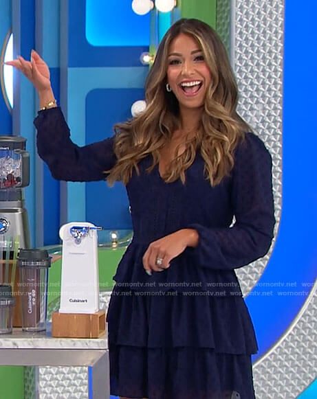 Manuela's navy blue tiered dress on The Price is Right