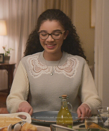 Mary-Anne’s gray lace inset sweater on The Baby-Sitters Club