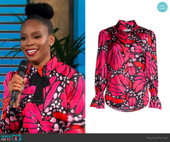 Graphic Butterfly Satin Top by Milly worn by Amber Ruffin on E! News Daily Pop