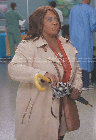 Miranda’s beige zip trench coat on Greys Anatomy