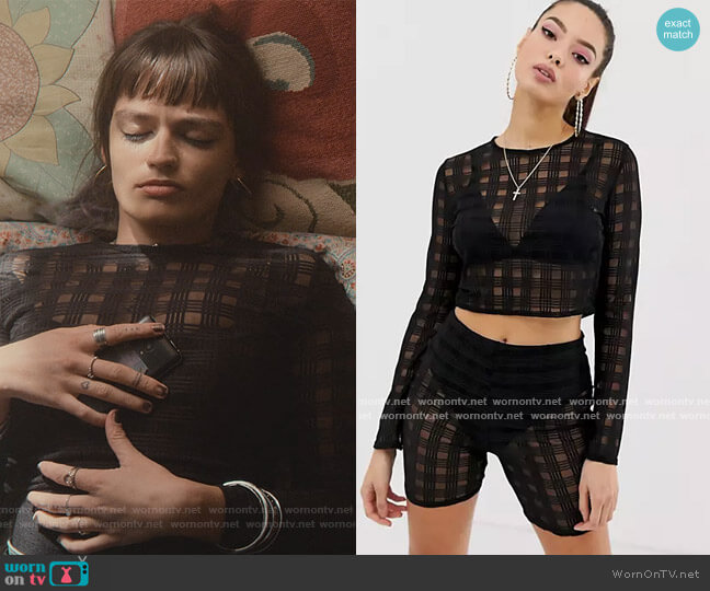 Check Mesh Two-piece Crop Top in black by Missguided at ASOS worn by Maeve Wiley (Emma Mackey) on Sex Education