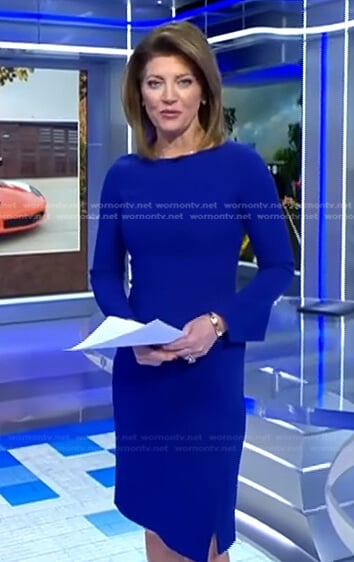 Norah's blue side slit sheath dress on CBS Evening News
