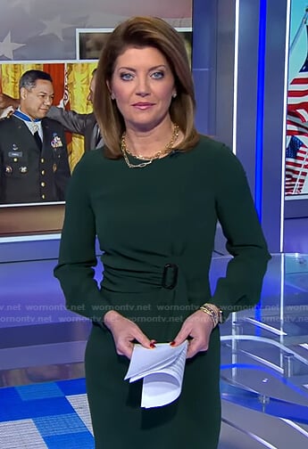 Norah’s green buckle waist dress on CBS Evening News