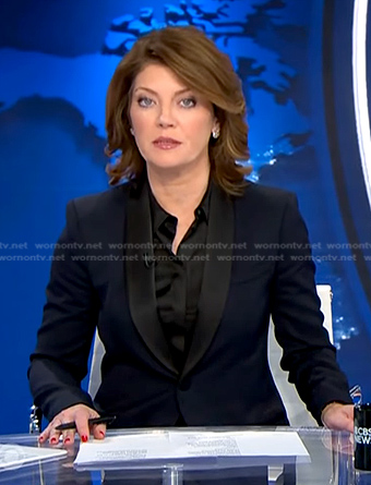 Nora’s navy contrast shawl collar blazer on CBS Evening News