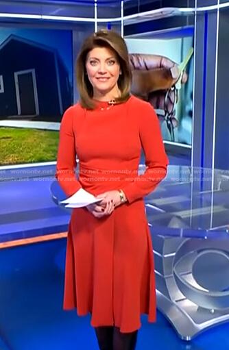 Norah’s orange gathered waist midi dress on CBS Evening News