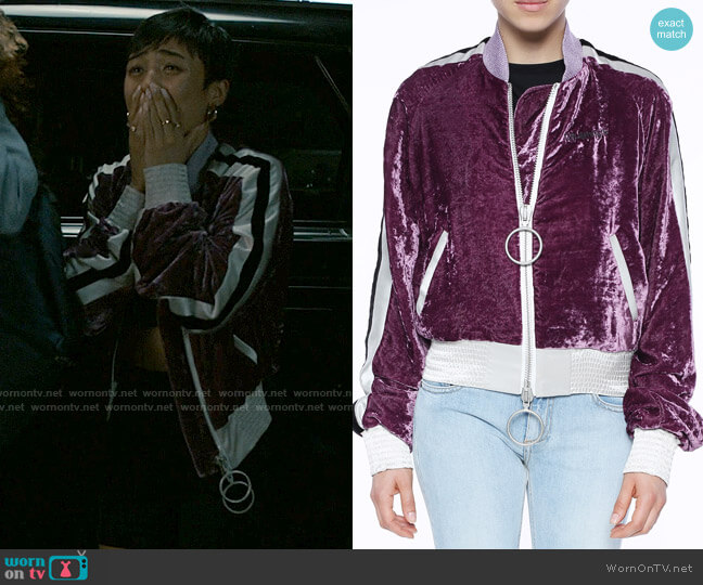 Off-White Velour Bomber Jacket worn by Margot (Brianne Tju) on I Know What You Did Last Summer