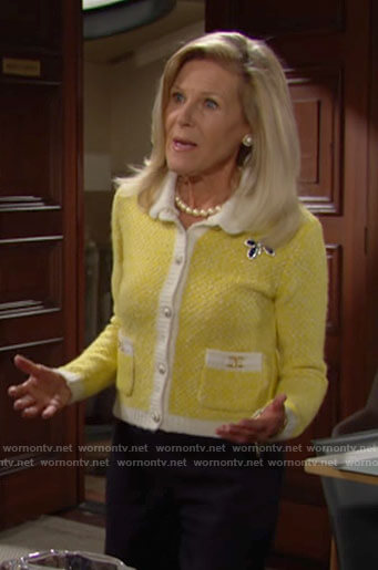Pam's yellow cardigan on The Bold and the Beautiful