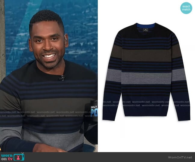 Multi-Stripe Merino Wool Pullover Sweater by PS Paul Smith worn by Justin Sylvester on E! News