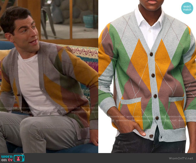 PJ Paul Jones V Neck Argyle Cardigan worn by Dave Johnson (Max Greenfield) on The Neighborhood