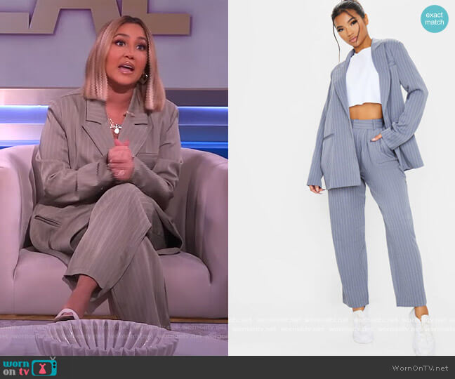 Gray Pinstripe Oversized Dad Blazer and Pants by Pretty Little Thing worn by Adrienne Houghton on The Real