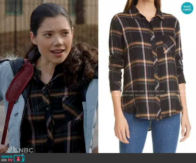 Rails  Hunter Shirt in Midnight Teal / Mustard  worn by Violet Mikami (Hanako Greensmith) on Chicago Fire