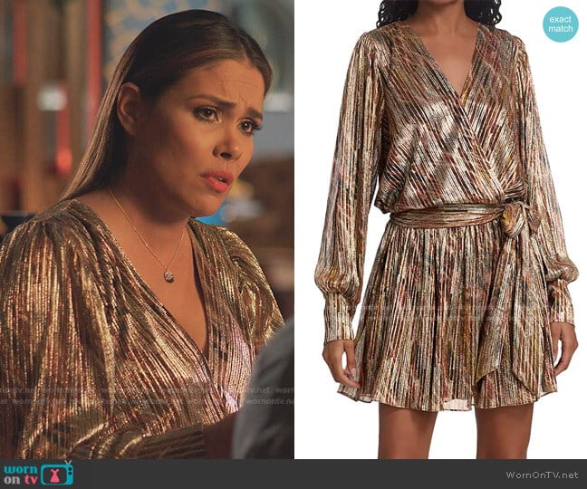 Metallic Faux-Wrap Mini Dress by Ramy Brook worn by Cristal Jennings (Daniella Alonso) on Dynasty