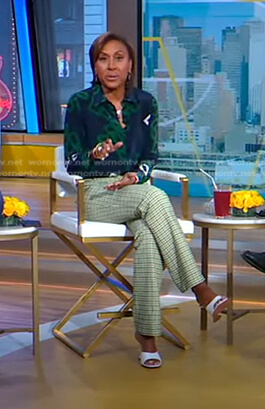 Robin’s navy and green link print blouse and check pants on Good Morning America