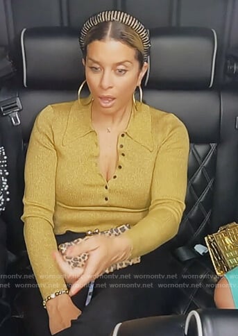 Robyn's green metallic polo top on The Real Housewives of Potomac