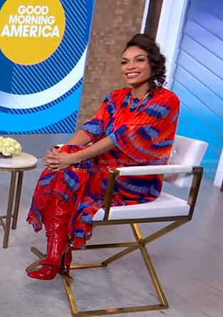 Rosario Dawson's red printed pleated dress on Good Morning America